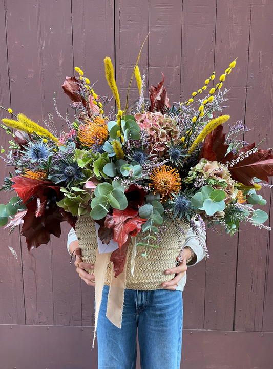 CESTA DE HORTENSIAS Y PROTEAS